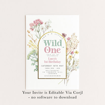 The image is a birthday invitation for a girl named Lucy's 1st birthday. It features a floral design with pink and green flowers, and the text invites guests to join her for a celebration on Saturday, 16th May from 2pm-4pm at the Restaurant 34 Luddock Hill in London. The invitation is editable via Corjl, and there are no software requirements to download.