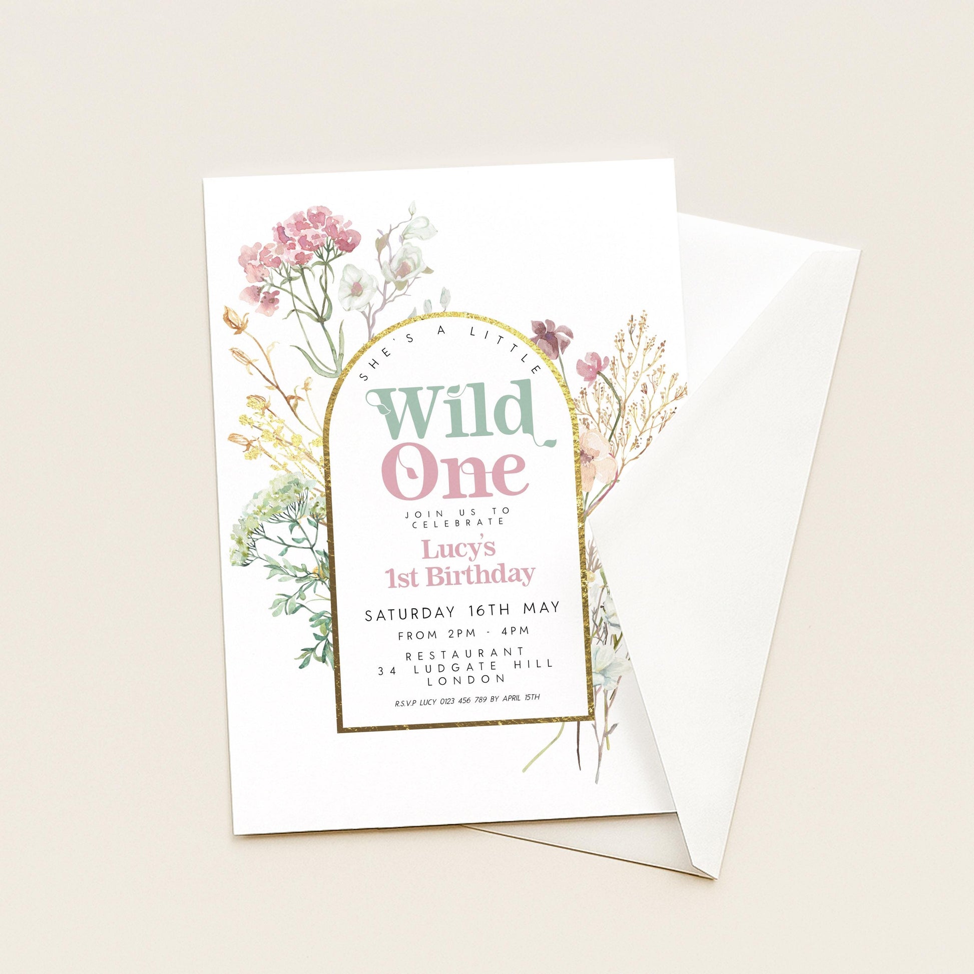 The image is a birthday invitation for a girl named Lucy's 1st birthday.
