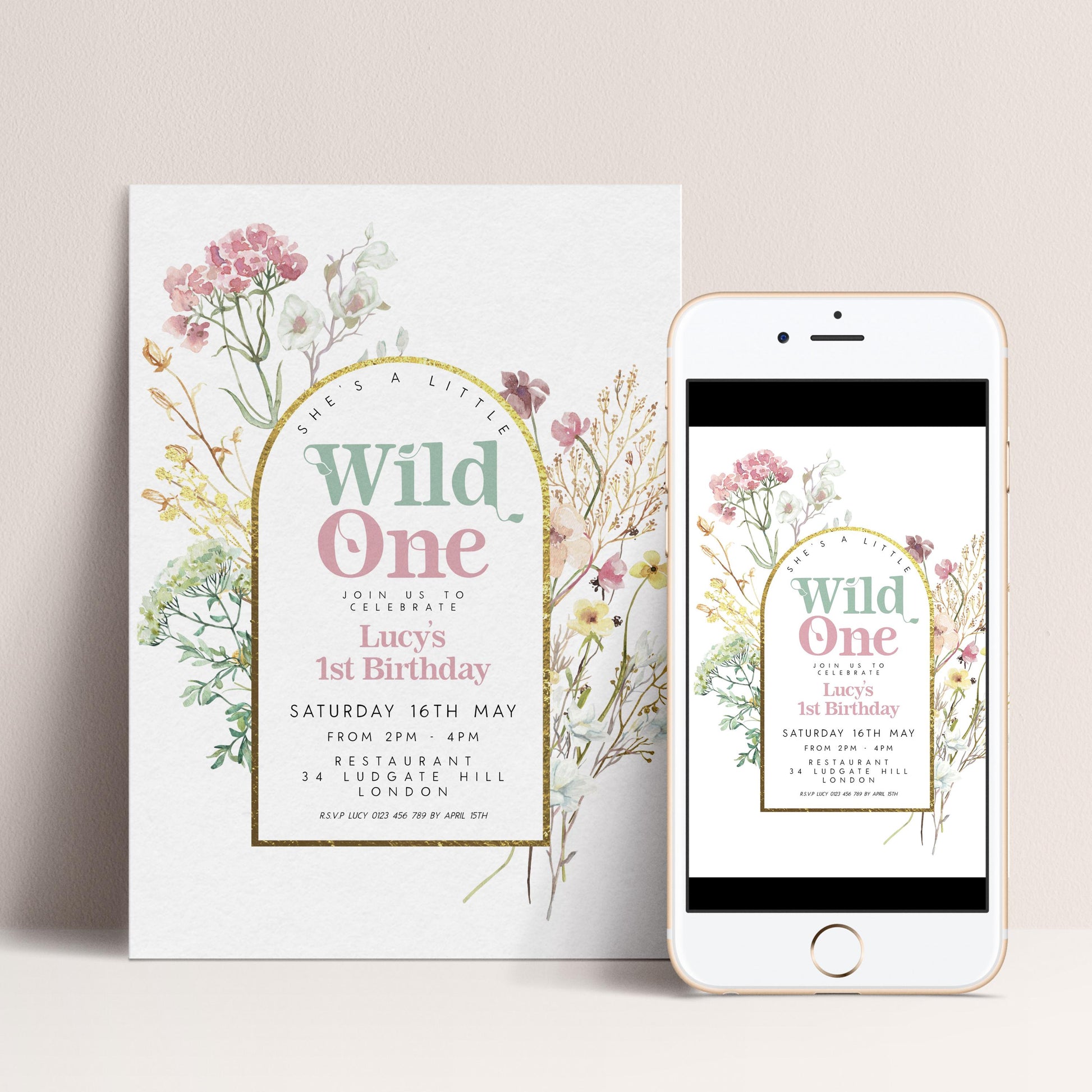 The image is a birthday invitation for a girl named Lucy's 1st birthday. It features a floral design and text that includes the event details and the date.