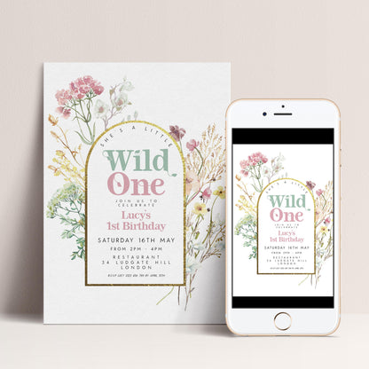 The image is a birthday invitation for a girl named Lucy's 1st birthday. It features a floral design and text that includes the event details and the date.