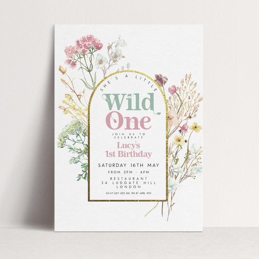 The image is a birthday invitation for a girl named Lucy's 1st birthday.