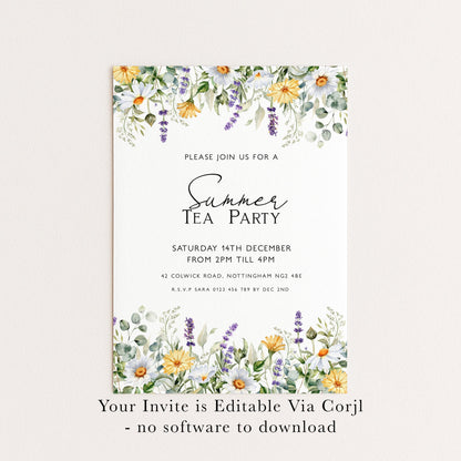 Summer Tea Party Invitation Wildflower Tea Party Invitation Tea Party Invitation Template Spring Floral Party Flyer Instant Download Corjl