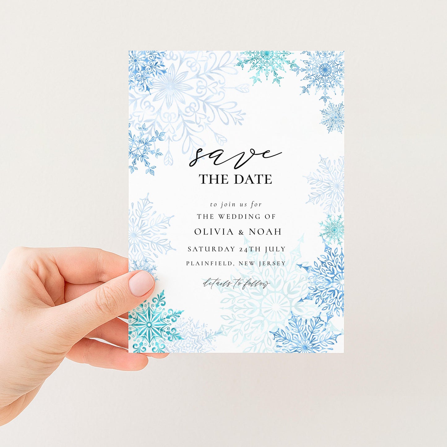 Winter Wonderland Save the Date Editable Corjl Template Snowflake Wedding Printable Digital Download Frosty Blue Winter Invitation