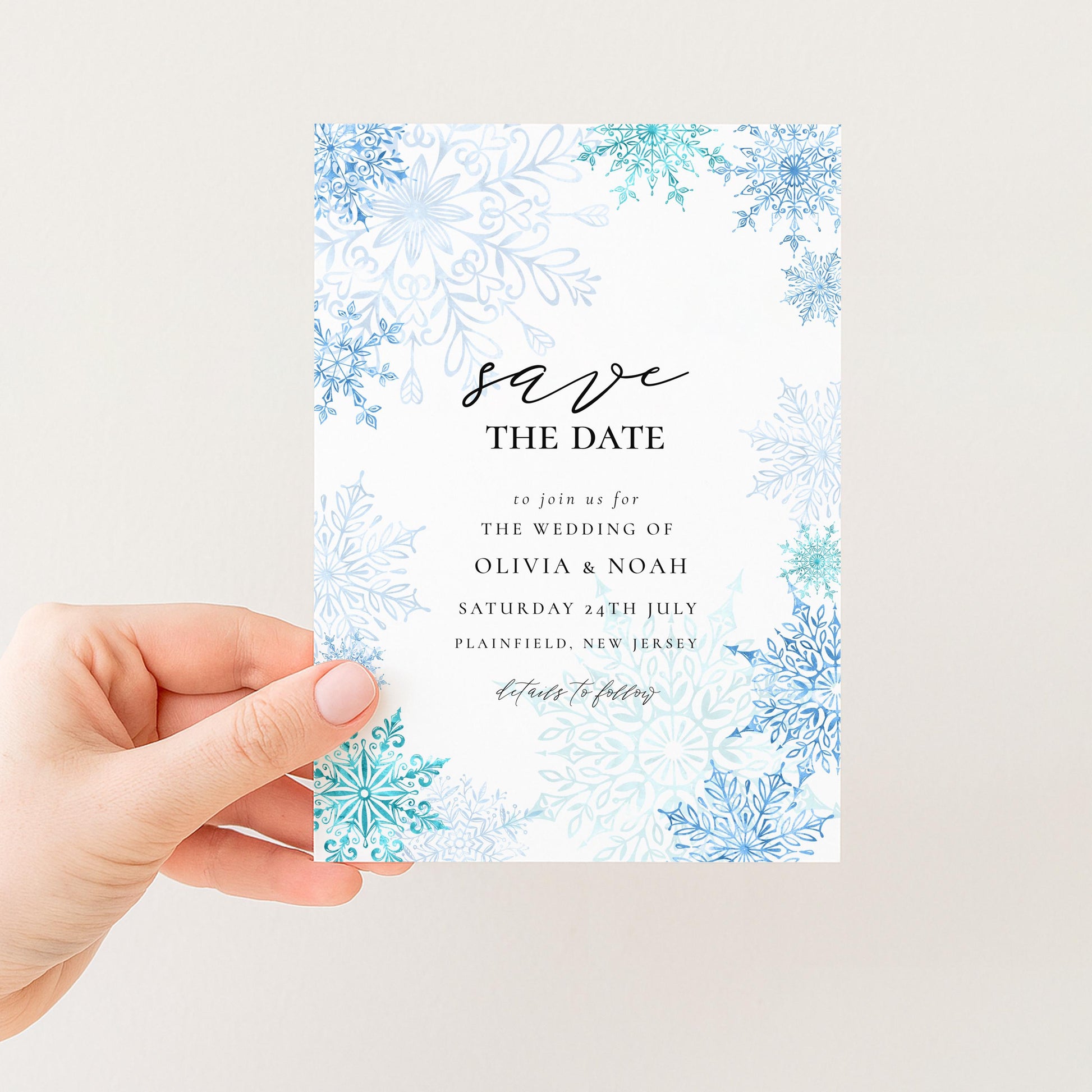 Winter Wonderland Save the Date Editable Corjl Template Snowflake Wedding Printable Digital Download Frosty Blue Winter Invitation
