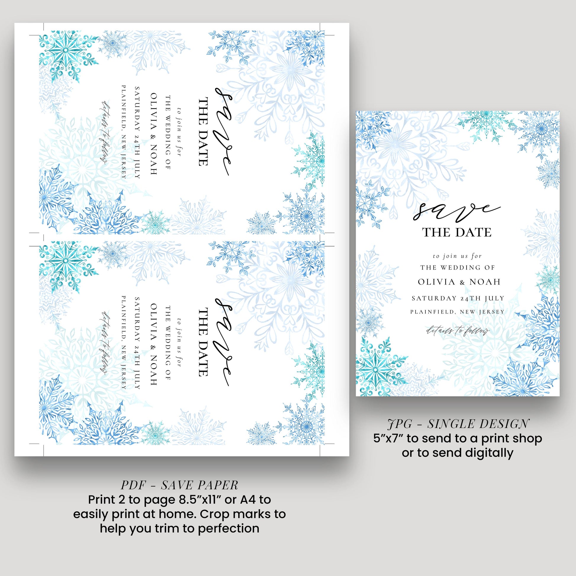 Winter Wonderland Save the Date Editable Corjl Template Snowflake Wedding Printable Digital Download Frosty Blue Winter Invitation