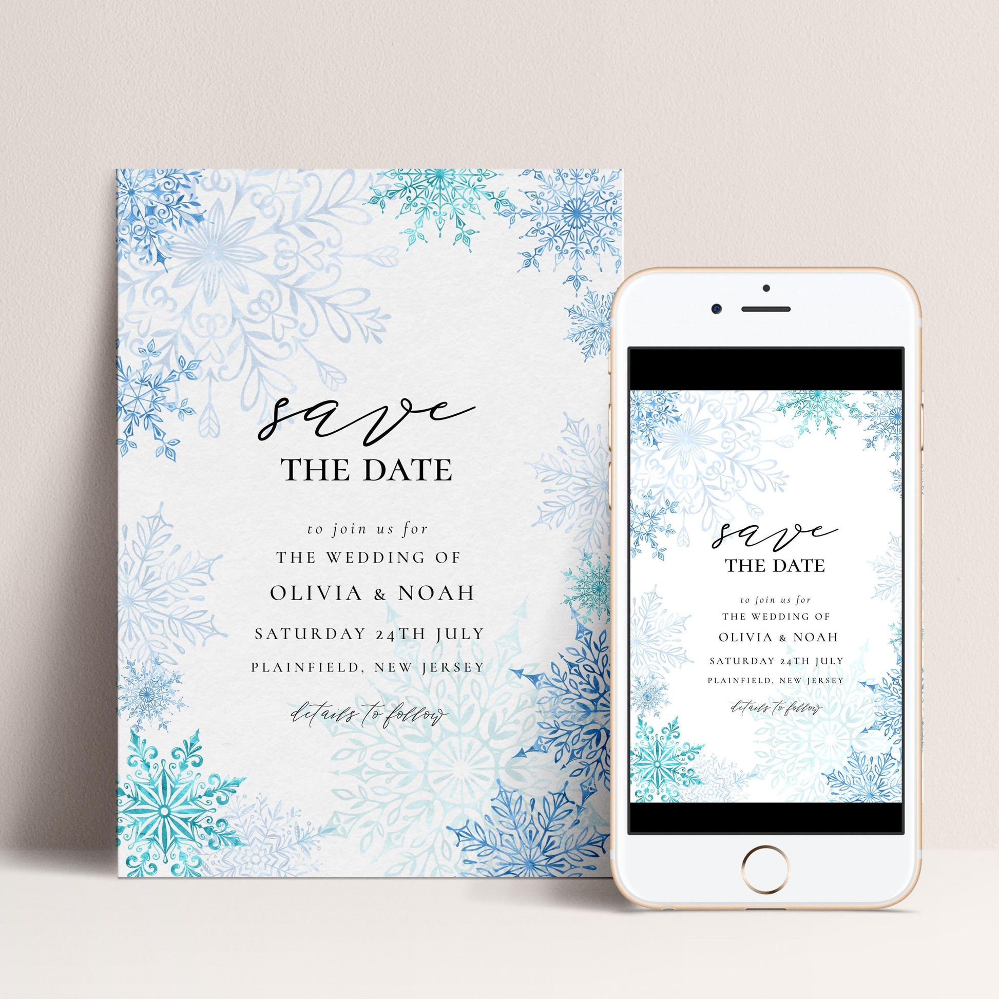 Winter Wonderland Save the Date Editable Corjl Template Snowflake Wedding Printable Digital Download Frosty Blue Winter Invitation