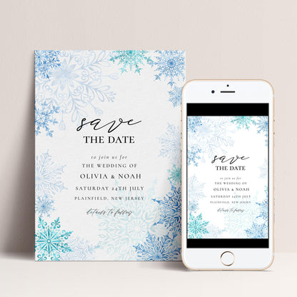 Winter Wonderland Save the Date Editable Corjl Template Snowflake Wedding Printable Digital Download Frosty Blue Winter Invitation