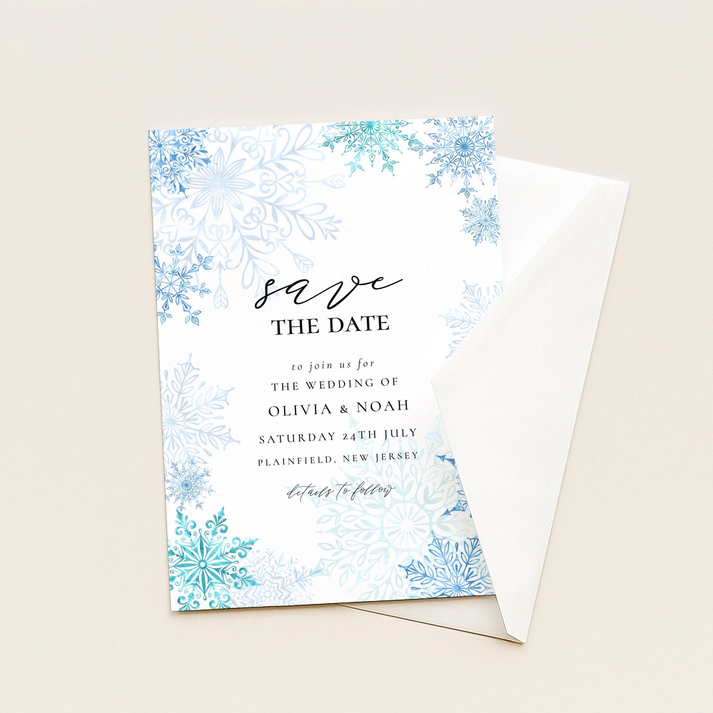Winter Wonderland Save the Date Editable Corjl Template Snowflake Wedding Printable Digital Download Frosty Blue Winter Invitation