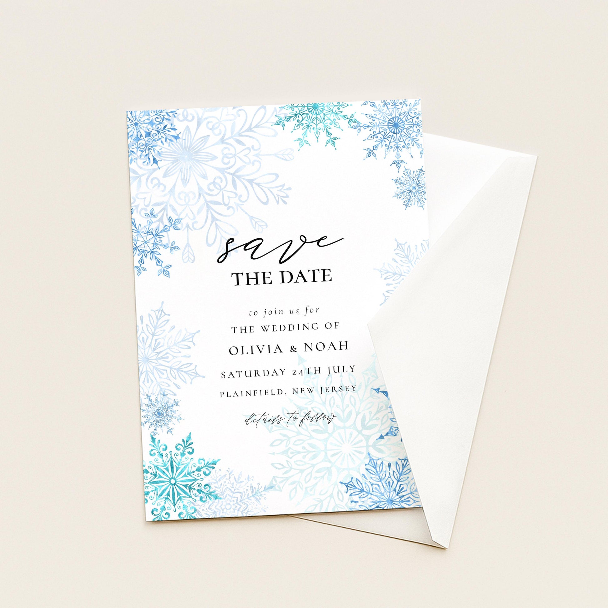 Winter Wonderland Save the Date Editable Corjl Template Snowflake Wedding Printable Digital Download Frosty Blue Winter Invitation