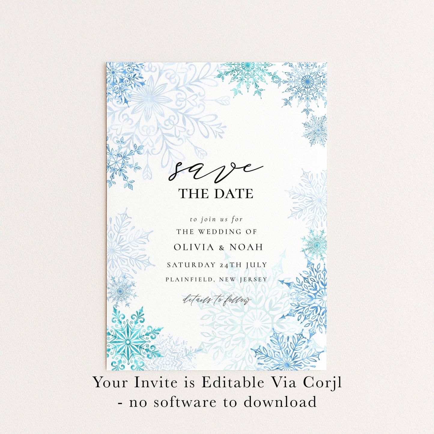 Winter Wonderland Save the Date Editable Corjl Template Snowflake Wedding Printable Digital Download Frosty Blue Winter Invitation