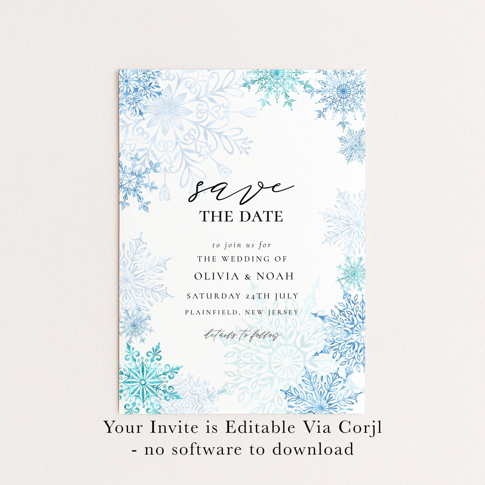 Winter Wonderland Save the Date Editable Corjl Template Snowflake Wedding Printable Digital Download Frosty Blue Winter Invitation
