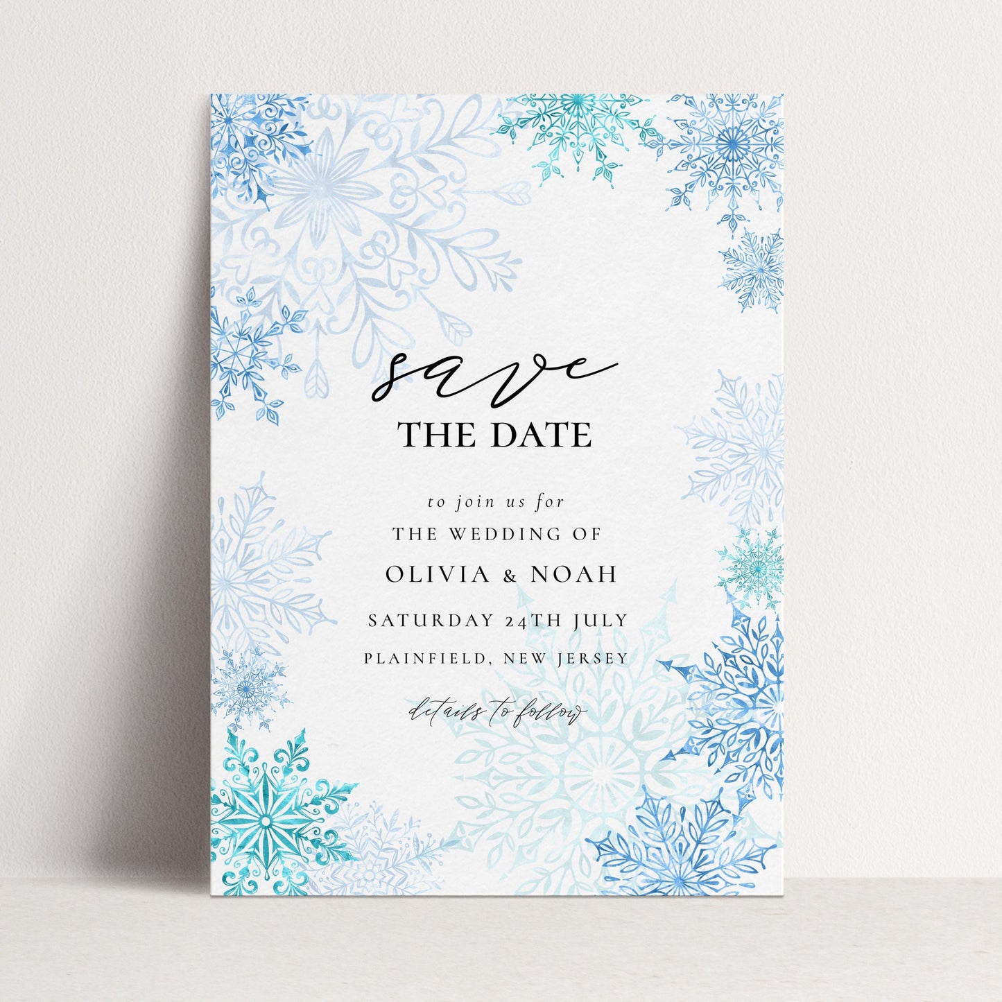 Winter Wonderland Save the Date Editable Corjl Template Snowflake Wedding Printable Digital Download Frosty Blue Winter Invitation