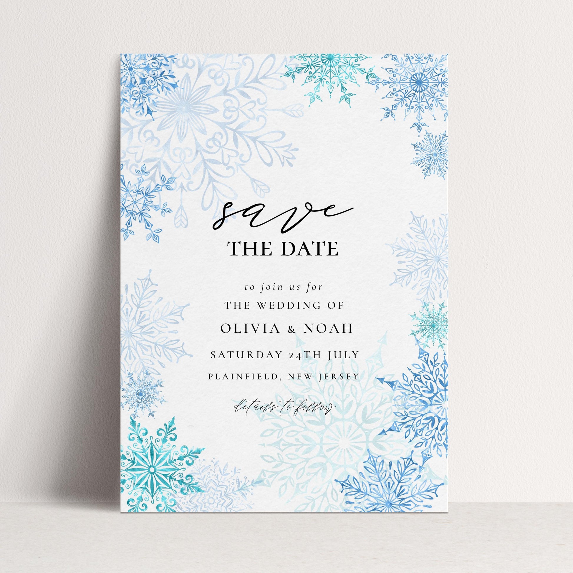 Winter Wonderland Save the Date Editable Corjl Template Snowflake Wedding Printable Digital Download Frosty Blue Winter Invitation