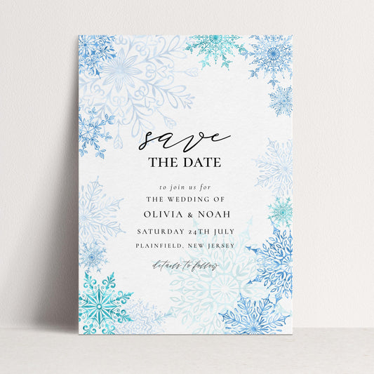 Winter Wonderland Save the Date Editable Corjl Template Snowflake Wedding Printable Digital Download Frosty Blue Winter Invitation