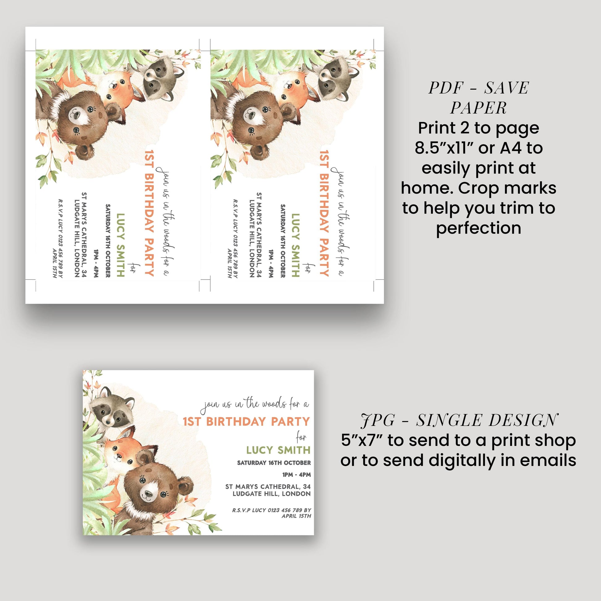 a birthday party invitation for a 1st birthday party, featuring illustrations of animals such as raccoons and bears. The invitation provides instructions for printing and sending the invitation, including details about the size and format of the print and the recommended method for sending the invitation.
