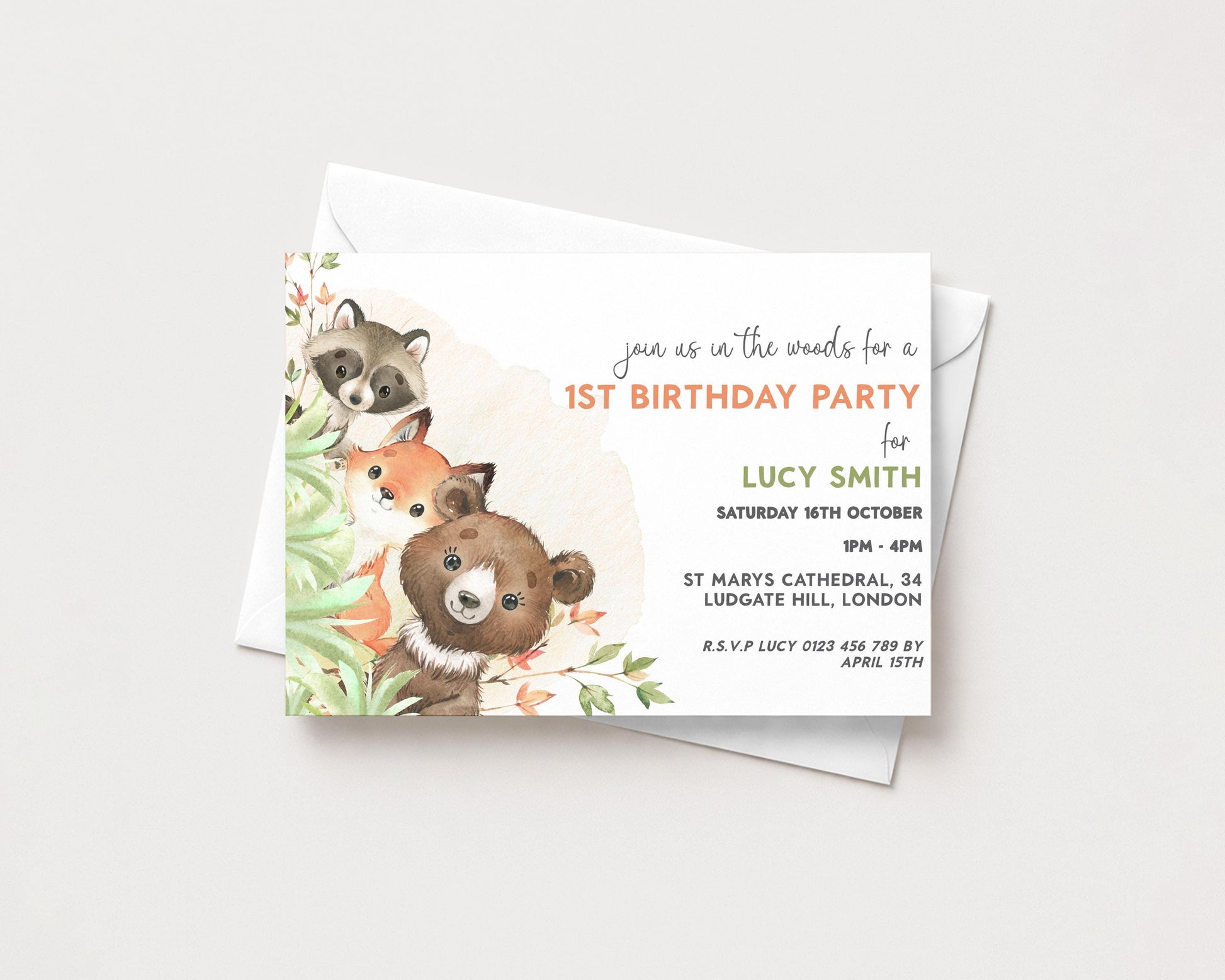The image is a birthday party invitation for a 1st birthday party for Lucy Smith.