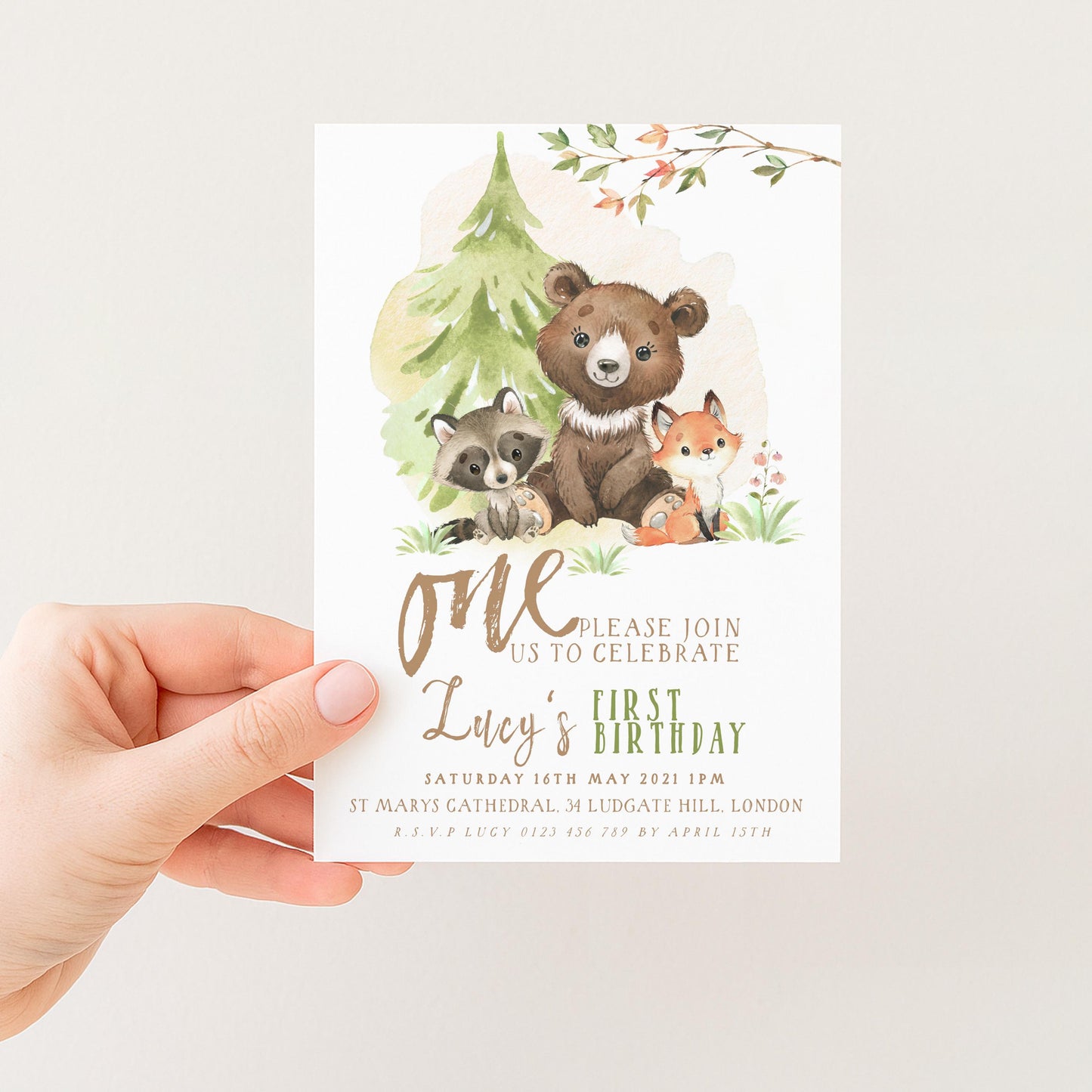 Woodland Animals 1st Birthday Invitation, EDITABLE (Digital Download)