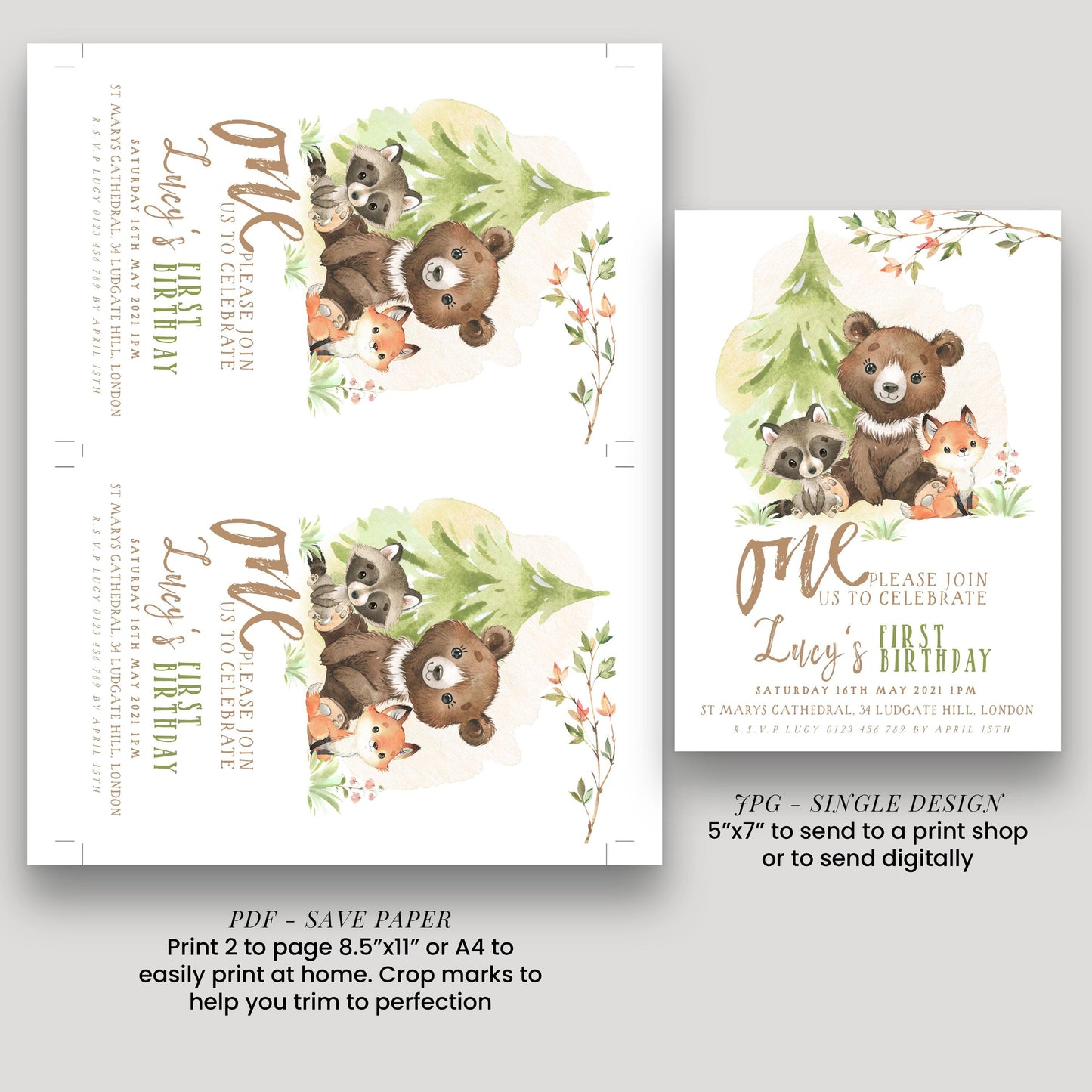 Woodland Animals 1st Birthday Invitation, EDITABLE (Digital Download)