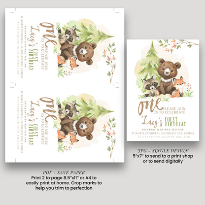 Woodland Animals 1st Birthday Invitation, EDITABLE (Digital Download)