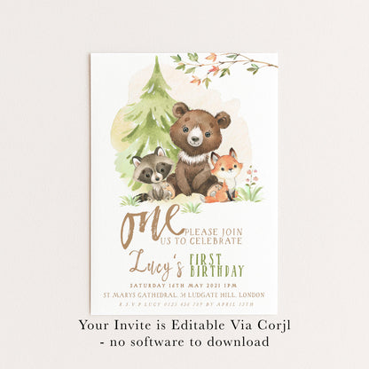 Woodland Animals 1st Birthday Invitation, EDITABLE (Digital Download)