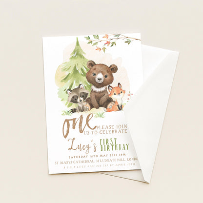 Woodland Animals 1st Birthday Invitation, EDITABLE (Digital Download)