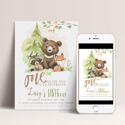 Woodland Animals 1st Birthday Invitation, EDITABLE (Digital Download)
