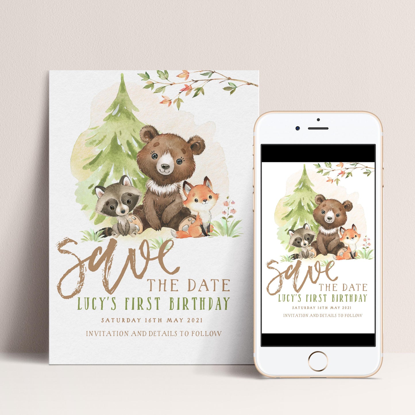 Woodland Save the Date Invitation – Editable Forest Animals Template, Gender Neutral Design, Instant Download, Printable Corjl Invite WD56