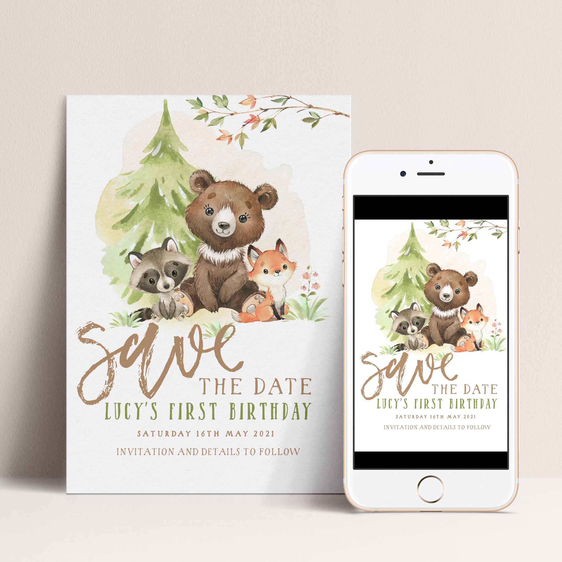 Woodland Save the Date Invitation – Editable Forest Animals Template, Gender Neutral Design, Instant Download, Printable Corjl Invite WD56
