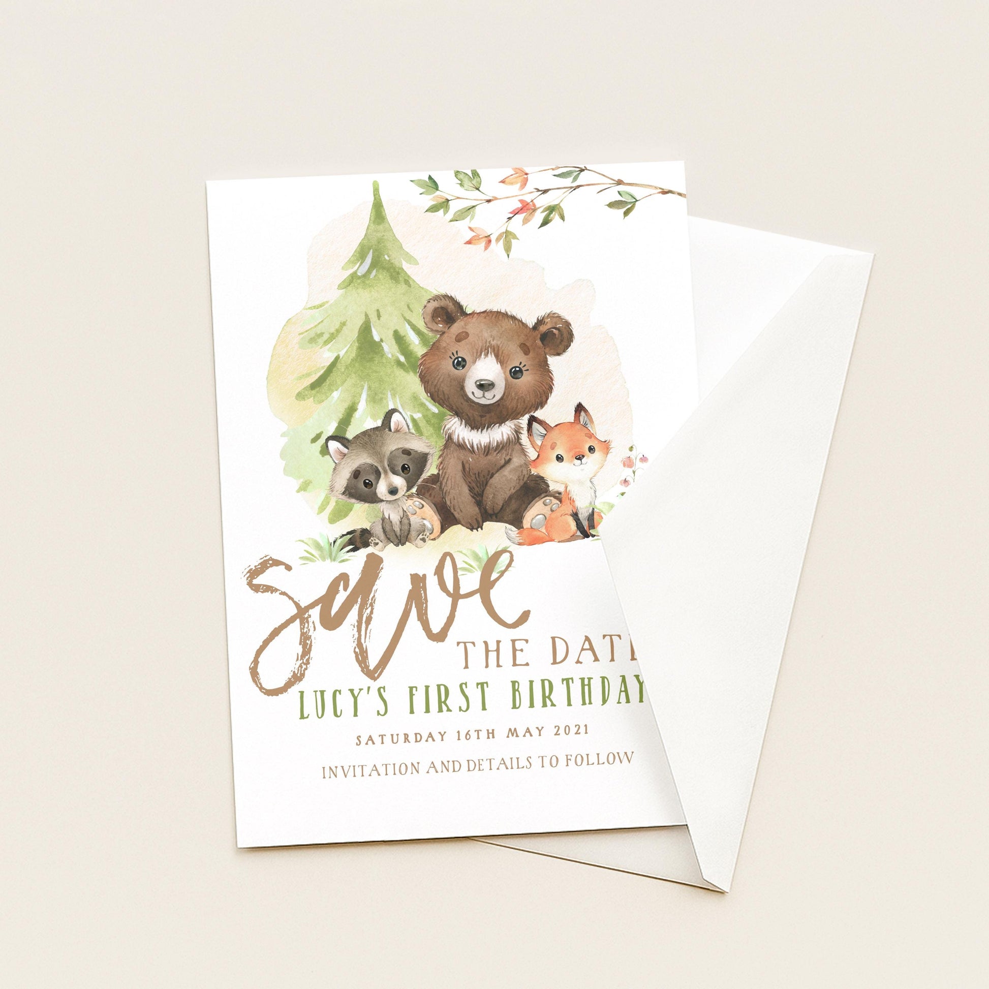 Woodland Save the Date Invitation – Editable Forest Animals Template, Gender Neutral Design, Instant Download, Printable Corjl Invite WD56