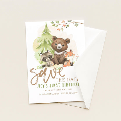 Woodland Save the Date Invitation – Editable Forest Animals Template, Gender Neutral Design, Instant Download, Printable Corjl Invite WD56
