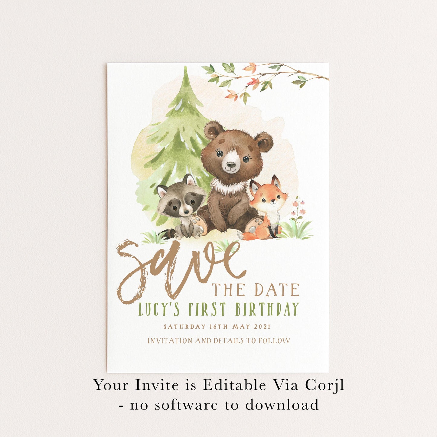 Woodland Save the Date Invitation – Editable Forest Animals Template, Gender Neutral Design, Instant Download, Printable Corjl Invite WD56