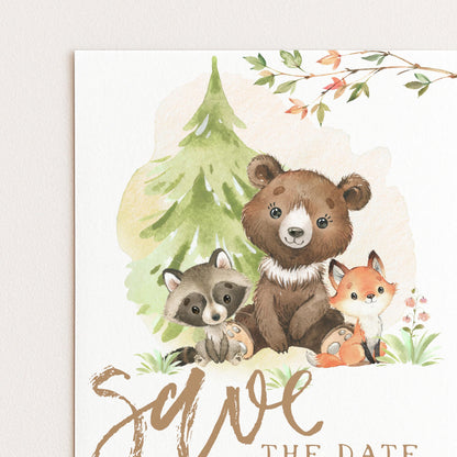 Woodland Save the Date Invitation – Editable Forest Animals Template, Gender Neutral Design, Instant Download, Printable Corjl Invite WD56