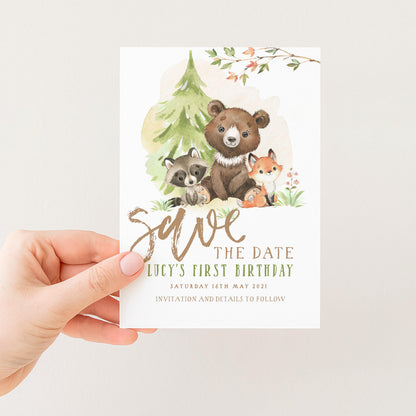 Woodland Save the Date Invitation – Editable Forest Animals Template, Gender Neutral Design, Instant Download, Printable Corjl Invite WD56
