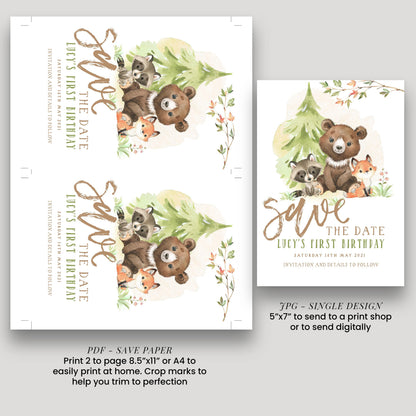 Woodland Save the Date Invitation – Editable Forest Animals Template, Gender Neutral Design, Instant Download, Printable Corjl Invite WD56