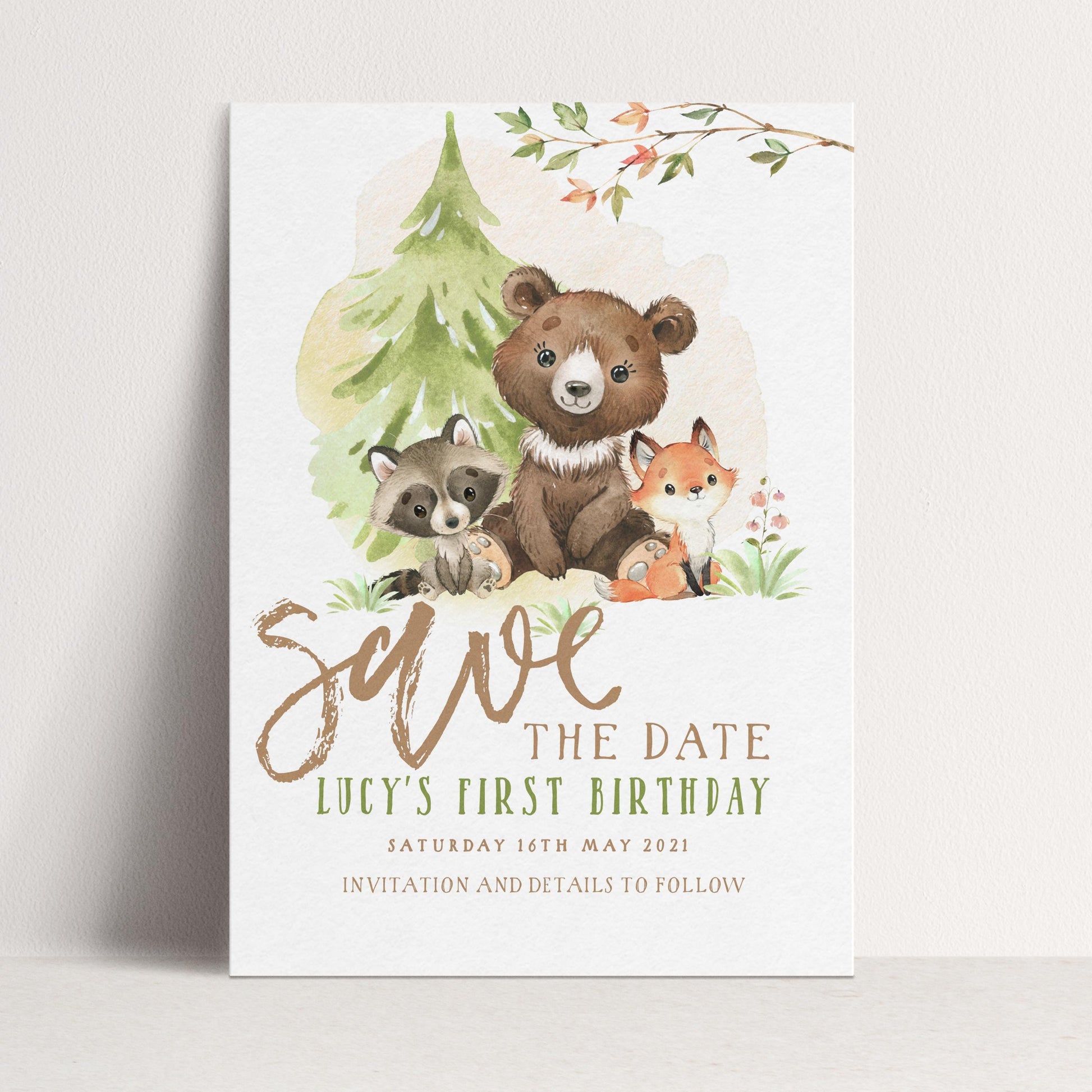 Woodland Save the Date Invitation – Editable Forest Animals Template, Gender Neutral Design, Instant Download, Printable Corjl Invite WD56