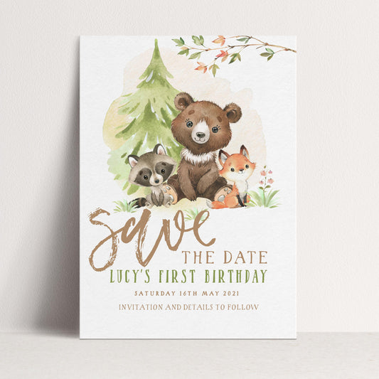 Woodland Save the Date Invitation – Editable Forest Animals Template, Gender Neutral Design, Instant Download, Printable Corjl Invite WD56