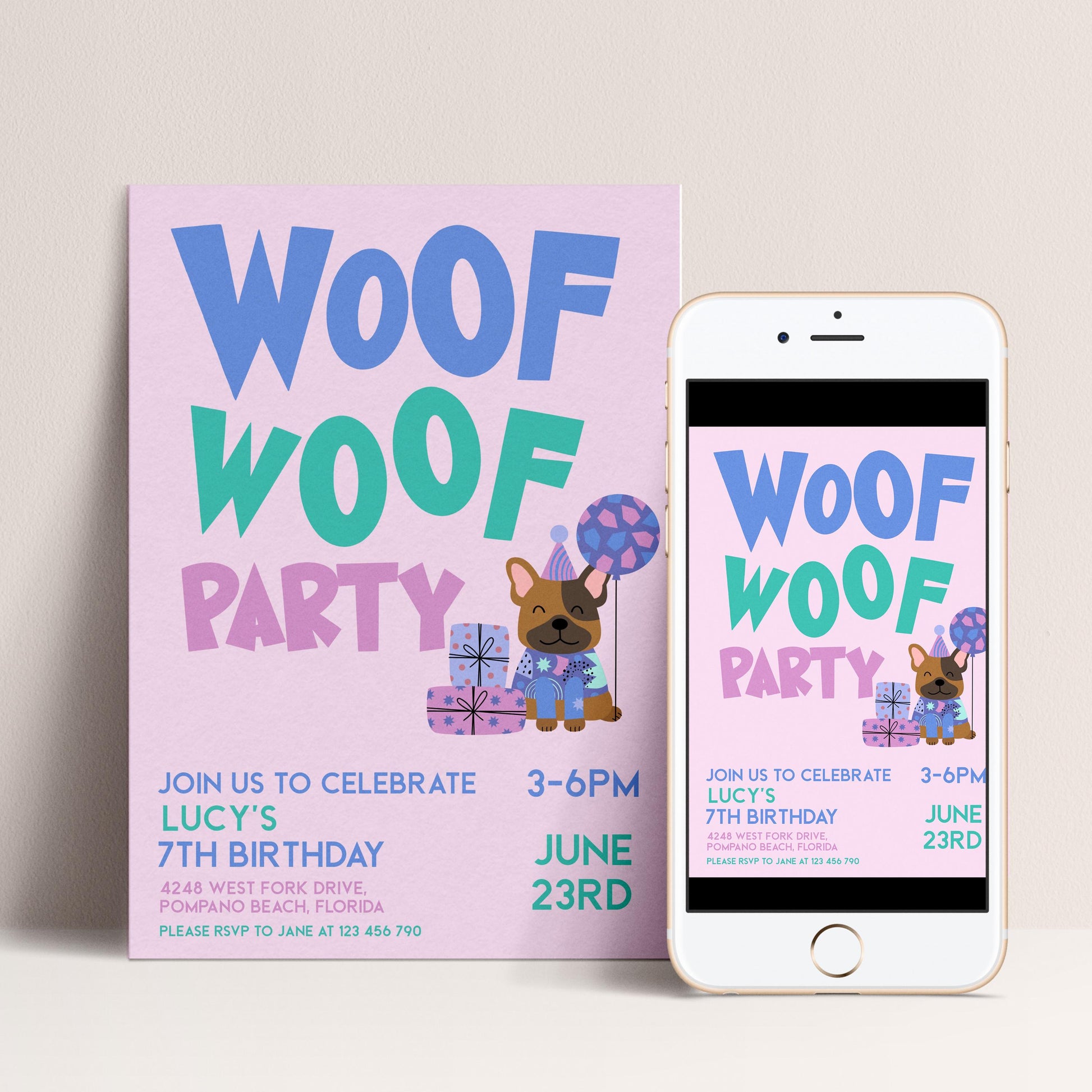 The image is a birthday party invitation for a dog, specifically a pug, celebrating Lucy's 7th birthday. The invitation features a pink background with the text "WOOF Woof Party" and an illustration of a pug holding presents. The invitation also includes details about the party, such as the date, time, location, and RSVP instructions.