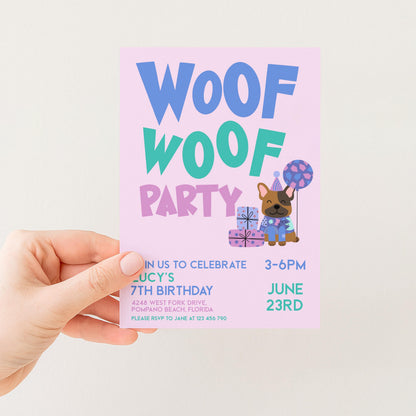 The image is a pink invitation card for a "Woof Woof Party" for Lucy's 7th birthday.