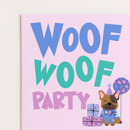 The image is a colorful birthday party invitation with a dog wearing a party hat and holding a gift box.