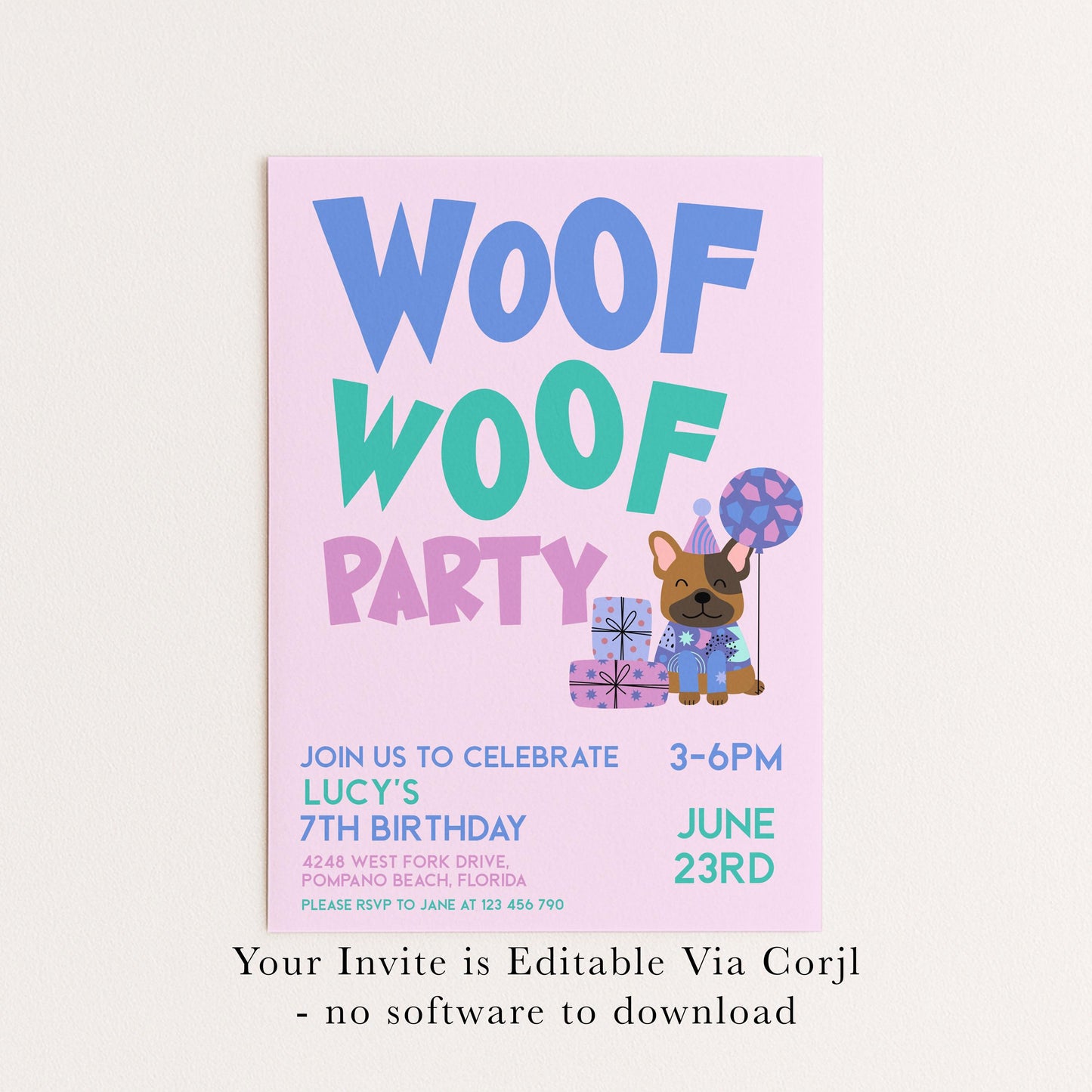 The image is a birthday party invitation for a 7th birthday celebration. It features a cartoon dog holding a gift and balloons, along with text inviting guests to a party.
