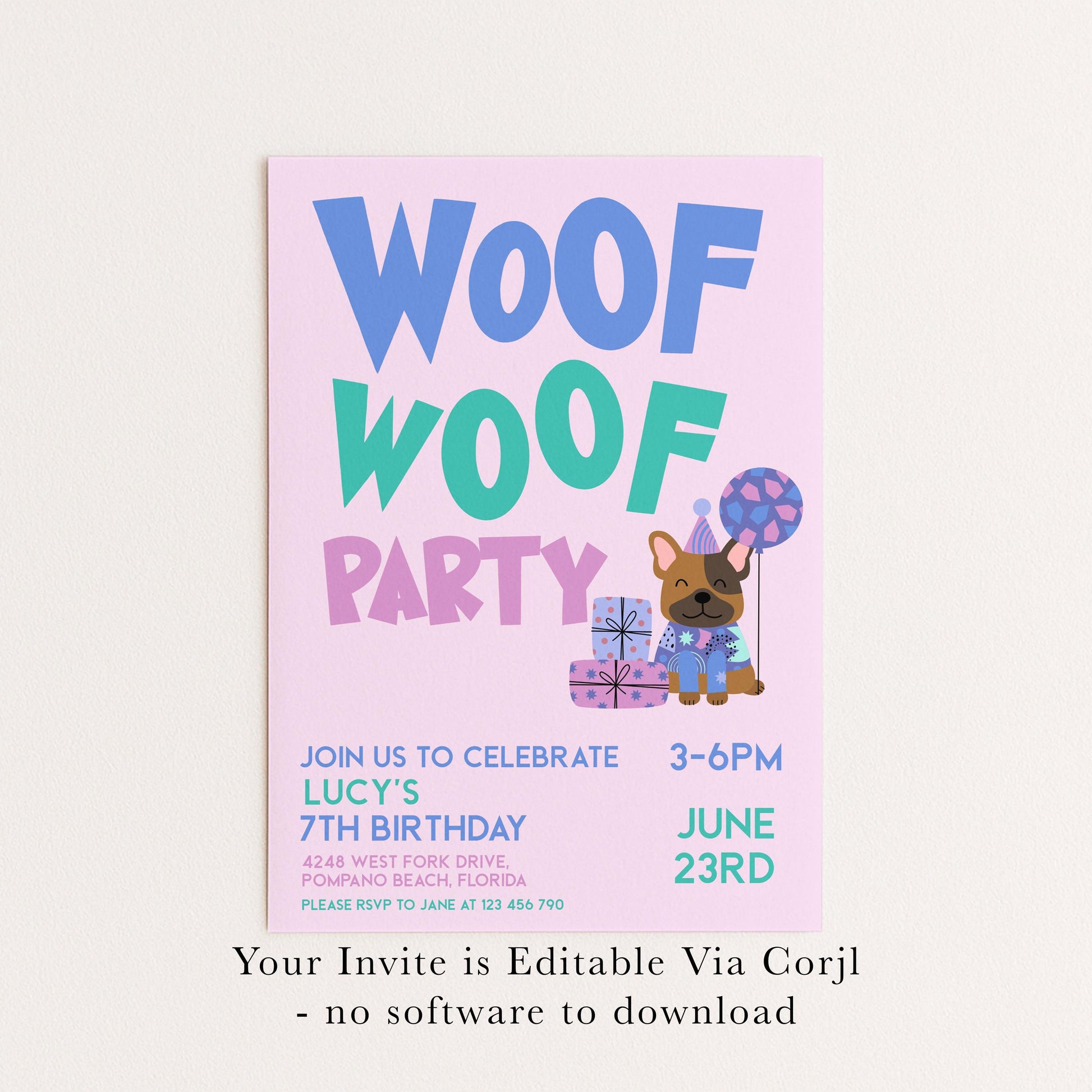 The image is a birthday party invitation for a 7th birthday celebration. It features a cartoon dog holding a gift and balloons, along with text inviting guests to a party.