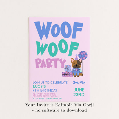 The image is a birthday party invitation for a 7th birthday celebration. It features a cartoon dog holding a gift and balloons, along with text inviting guests to a party.