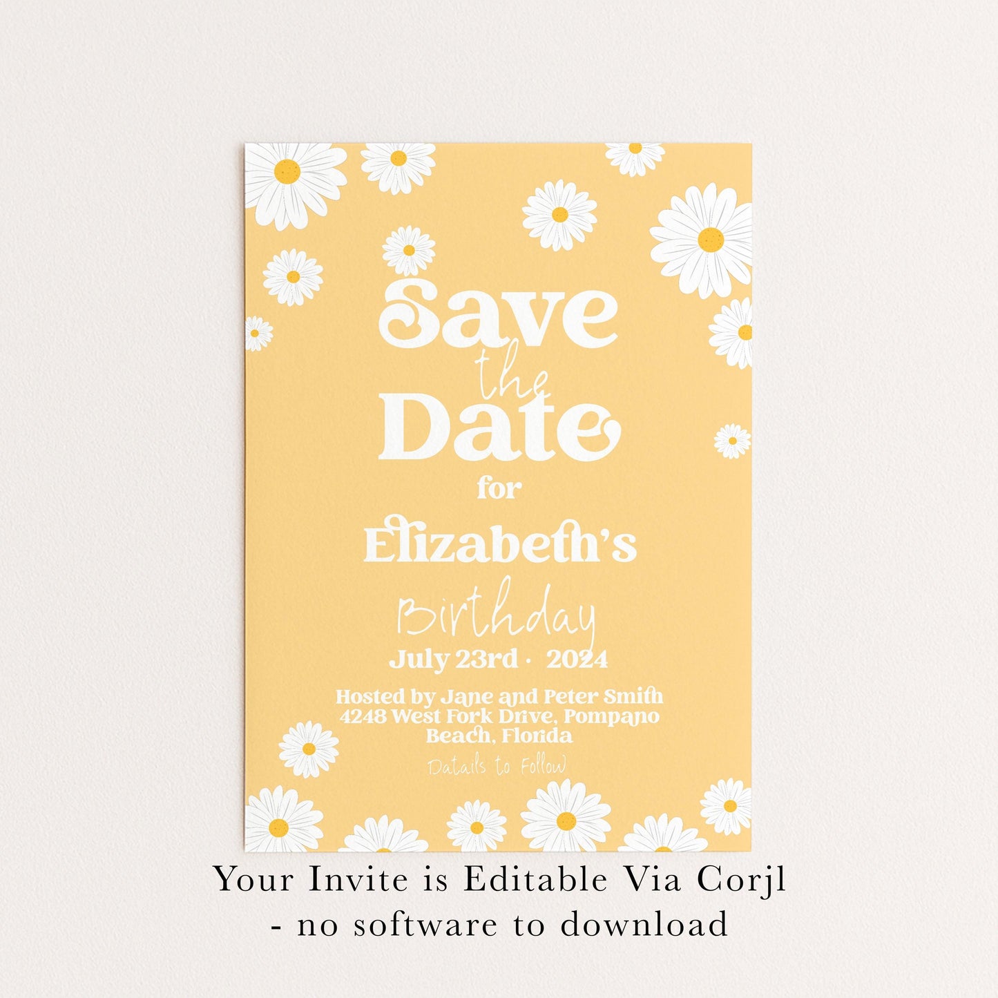 Yellow Daisy Save the Date Birthday Invitation Editable Template Yellow Daisy Invite For Her Retro Invite Party Celebration Digital Download