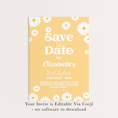 Yellow Daisy Save the Date Birthday Invitation Editable Template Yellow Daisy Invite For Her Retro Invite Party Celebration Digital Download