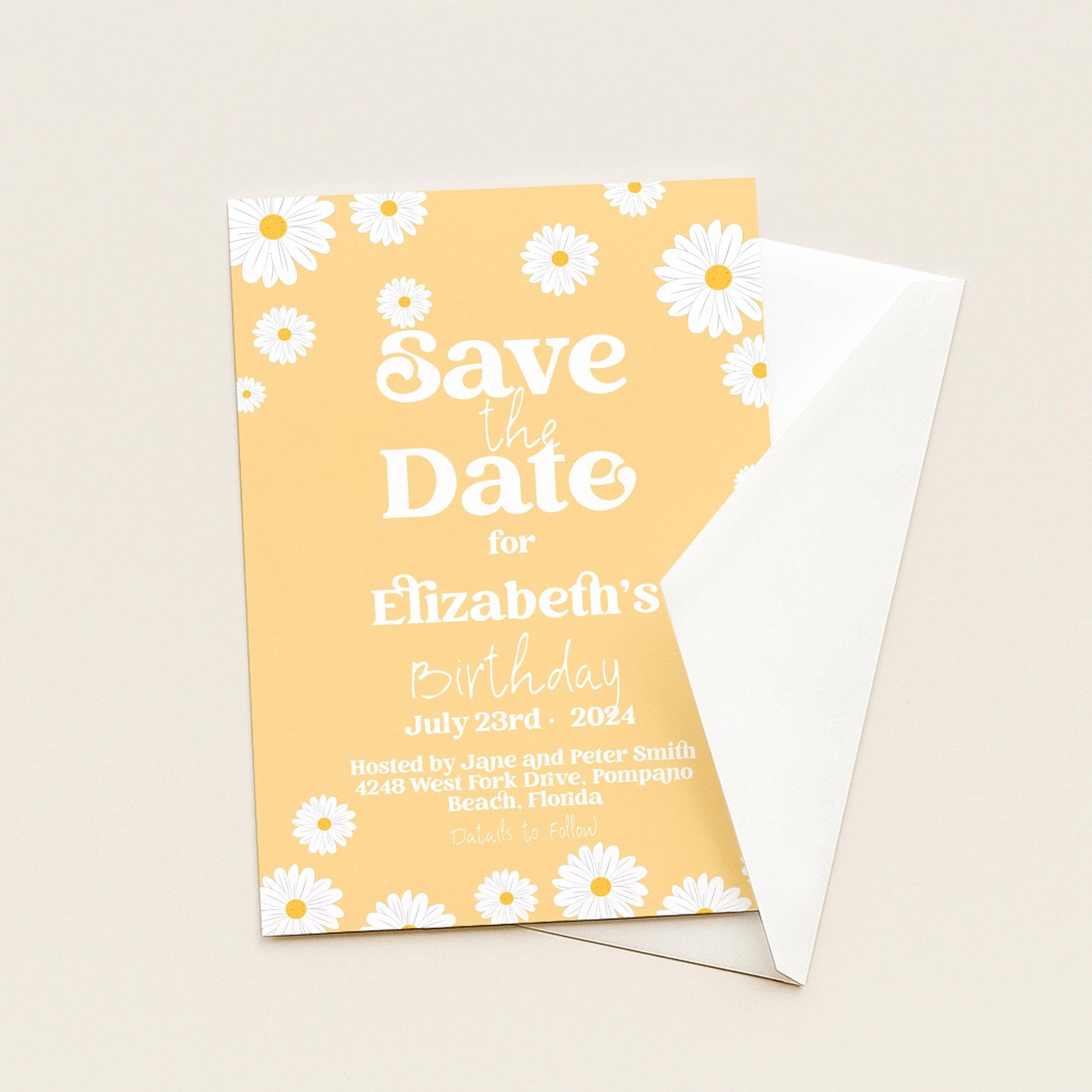 Yellow Daisy Save the Date Birthday Invitation Editable Template Yellow Daisy Invite For Her Retro Invite Party Celebration Digital Download