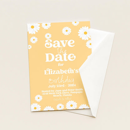 Yellow Daisy Save the Date Birthday Invitation Editable Template Yellow Daisy Invite For Her Retro Invite Party Celebration Digital Download