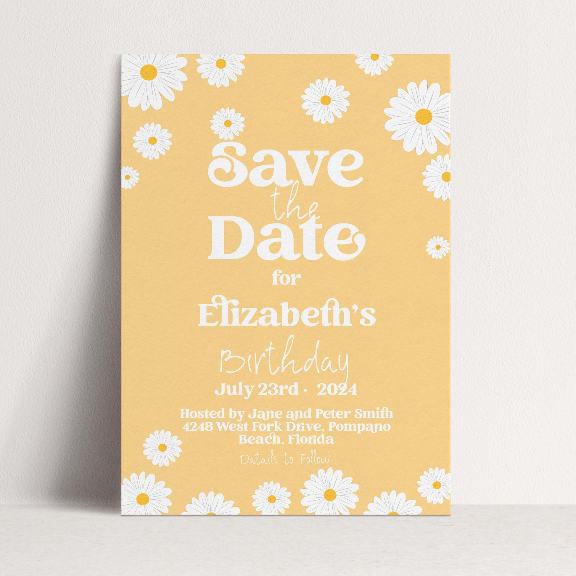 Yellow Daisy Save the Date Birthday Invitation Editable Template Yellow Daisy Invite For Her Retro Invite Party Celebration Digital Download