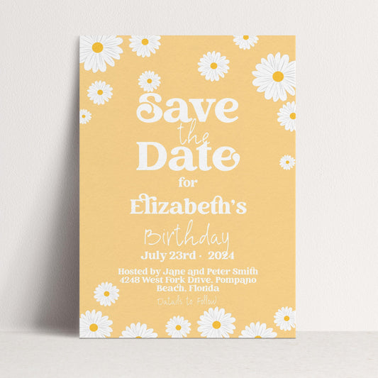 Yellow Daisy Save the Date Birthday Invitation Editable Template Yellow Daisy Invite For Her Retro Invite Party Celebration Digital Download