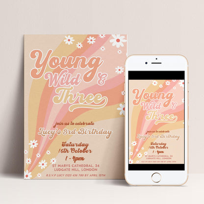 Young Wild and Three Groovy Birthday Invitation Template, Editable Invite 3rd Birthday Party Printable Retro Design Digital Download GR78