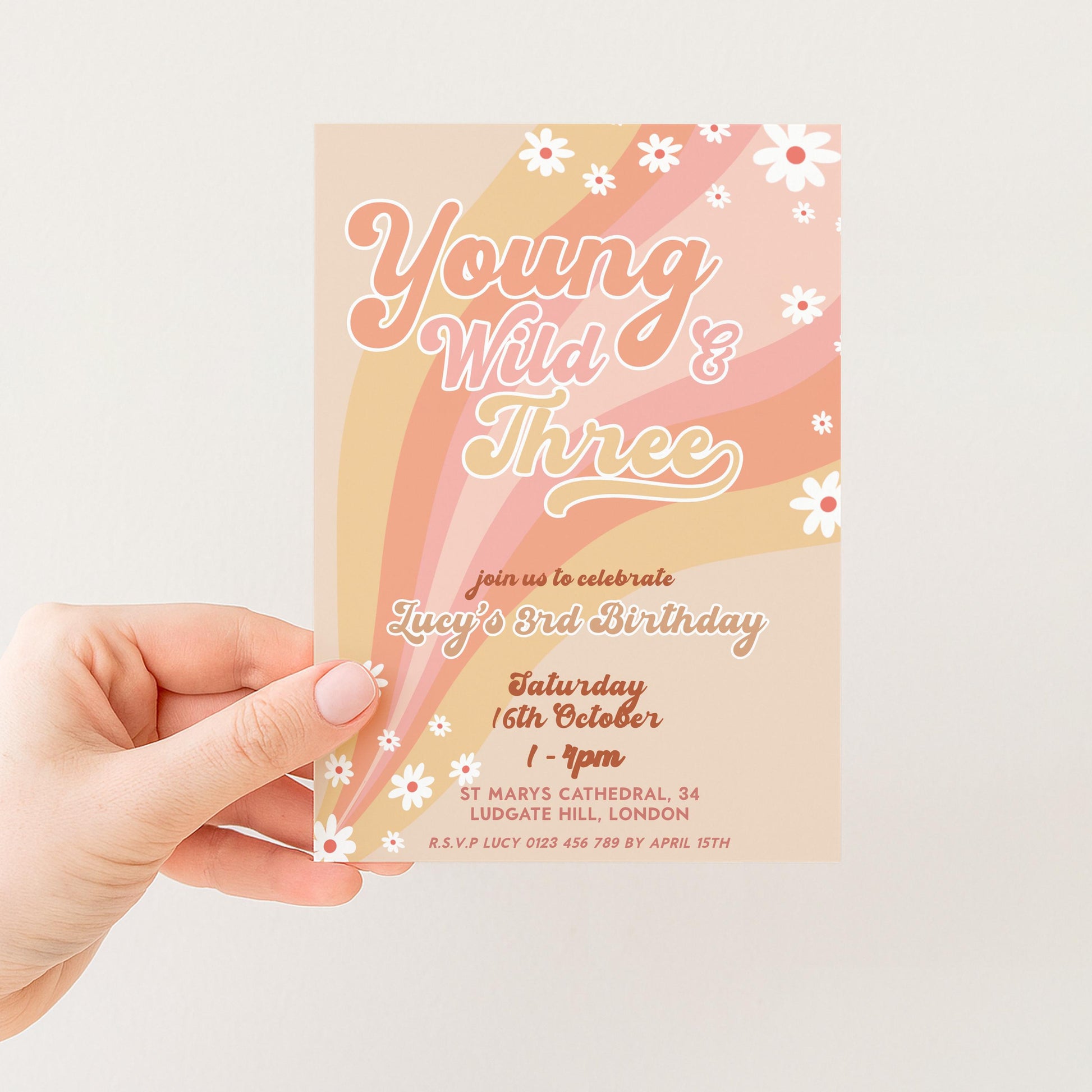 Young Wild and Three Groovy Birthday Invitation Template, Editable Invite 3rd Birthday Party Printable Retro Design Digital Download GR78